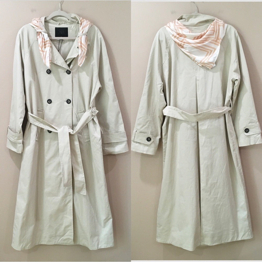 NWT Zara Woman’s m Long Scarf Trench Coat Light Beige Belted Midi Jacket - Picture 3 of 8